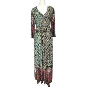 Tua Maxi Dress Faux Wrap Women Small Multicolor V-Neck Long Sleeve Boho Festival